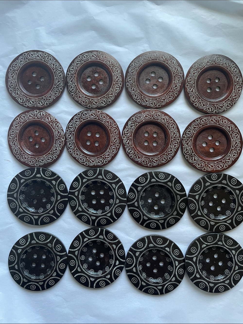 16 Enormous Round Wood Buttons 8 Brown and  8 Black CRAFTING, SEWING, KNITTING